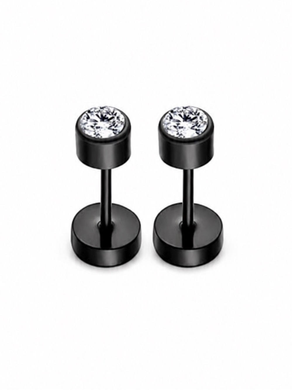 Clear Round CZ Flat Back Stud Earrings Black Stainless Steel 20G